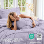 Sasttie Queen Comforter Set, 7-Piece Bed in a Bag, Pintuck Bedding Sets for All Season, Includes Comforter, Flat Sheet, Fitted Sheet, Pillowcases and Pillowshams, Lavender