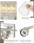 3-Light Brushed Nickel Bathroom Light Fixtures, 21 Inch Modern Bathroom Vanity Lighting Fixtures Over Mirror with Clear Glass and Metal Cage Wall Sconce Lights for Bath, E26, OS-3014BN-3W