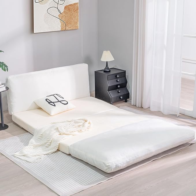 Bean Bag Chairs for Adults,Folding Sofa Bed,Floor Couch Bed, Foam Filling Fold Floor Mattress with Washable Soft Faux Fur Cover, Leisure Floor Couch for Bedroom Living Room(Cream, Double)