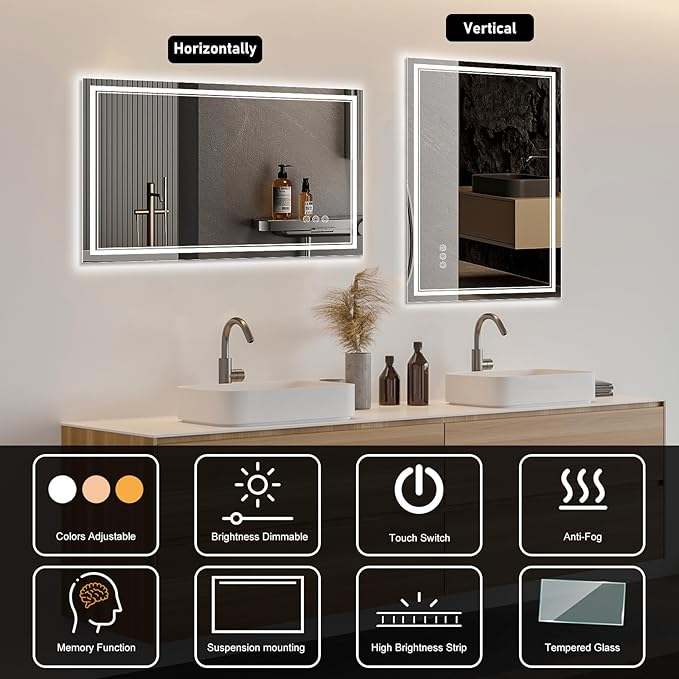 48x36 Inch LED Bathroom Mirror with Frontlit & Backlit（Independent Control）, Lighted Mirror for Bathroom Wall with 3-Color Dimmable & Anti-Fog, Vanity Mirror with Lights