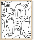 Abstract Face Pattern Wall Art Collage of Modern Faces Continuous Line Drawing 8x10 Inch Oak Wood Beige Framed Artistic Aesthetic Print for Living Room