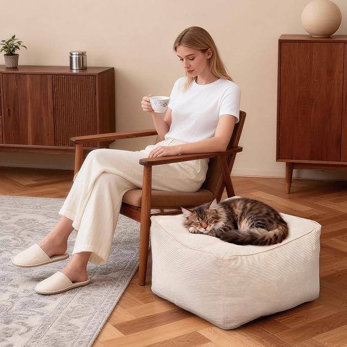 Square Corduroy Pouf Ottoman, Soft Fluffy Foot Stool with Foam Chunk Filling, Floor Pouf & Storage Ottoman for Living Room, 21" x 21" x 14", Off-White