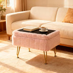 ACEQLYT® Small Foot Stool Ottoman with Storage, Foot Rest for Couch and Chair, Pink Faux Fur Storage Ottoman with Gold Metal Legs and Padded Seat