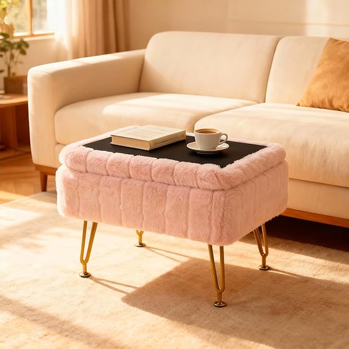 ACEQLYT® Small Foot Stool Ottoman with Storage, Foot Rest for Couch and Chair, Pink Faux Fur Storage Ottoman with Gold Metal Legs and Padded Seat