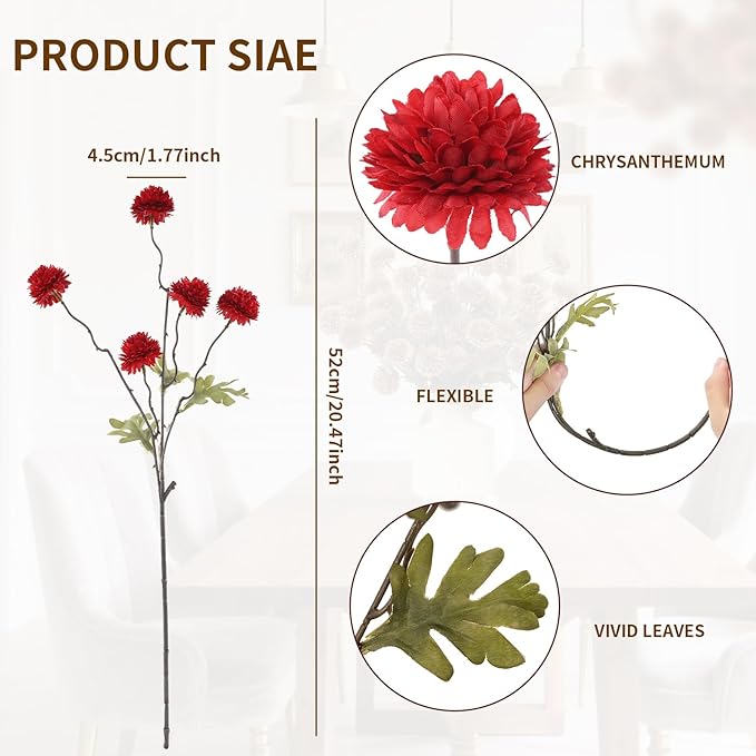 DuHouse 6pcs Artificial Flowers Faux Silk Pompon Mum,Silk Small Mini Chrysanthemum Ball with Stems for DIY Bouquets Centerpieces Vase Home Table Kitchen Decorations(Dark Red)