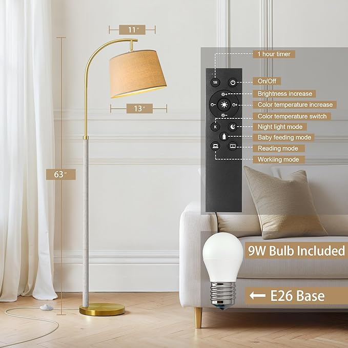 63" Wood Floor Lamp for Living Room Dimmable Standing Lamp with Remote & Foot Switch, 3 Color Temperatures Tall Lamp Mid Century Modern Floor Lamp for Bedroom Office, 9W Bulb Included, White