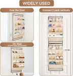 FENTEC 2 Pack Over the Door Shoe Organizer, Hanging Shoe Organizer, 28 Large Deep Pockets Door Shoe Rack with 6 Hooks Shoe Organizer for Shoes, Sneakers, and Home Accessories, Beige