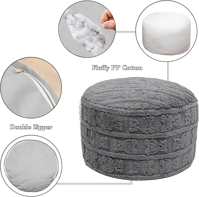 Stuffed Pouf Ottoman with High Density Foam Filler Plush Fiber Pouf Stool Round Foot Stool Cushion Storage Ottoman 20 * 12''Floor Poufs Foot Rest for Living Room (Gray)