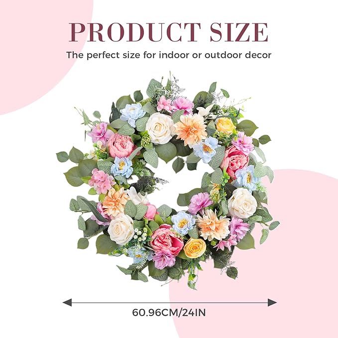 Spring Wreaths for Front Door,Summer Wreath with Peony Rose and Dahlia Flowers,24 Inch Floral Door Wreath for All Seasons Outside Outdoor Indoor Wall Wedding Holiday Home Decor