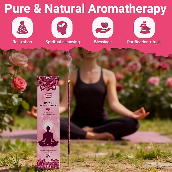 Rose Incense Sticks Natural - 16 Sticks Handcrafted Rose Sticks for Relaxation, Meditation, Yoga, Spiritual Purification & Home Ambiance | inciensos aromaticos para la casa