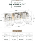 Bathroom Light Fixtures, 3-Light Brushed Nickel Vanity Light, Modern Wall Sconces with Globe Clear Glass Shade, Vanity Lighting Fixtures Over Mirror, VL195-BN-CL-3