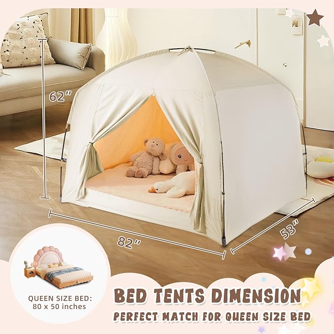 Bed Tents for Kids and Adult, Portable 100% Breathable and 93% Blackout Dream Play Tent, 3 Doors Big Privacy Space Sleeping Canopy for Indoor Floor or Twin Full Queen Sizes Bed (Khaki, Queen- Size)