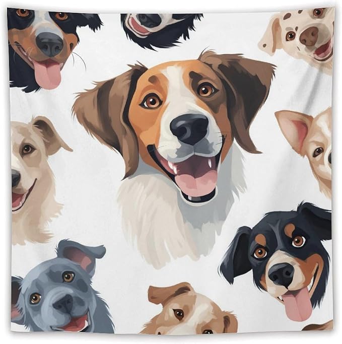 VUMIVI Cartoon Dog Tapestry Black & White Pet Dog Heads Cute Illustration Modern Creative Design Tapestry Wall Hanging for Living Room Bedroom Dorm Classroom Aesthetic Decor W60xL60in