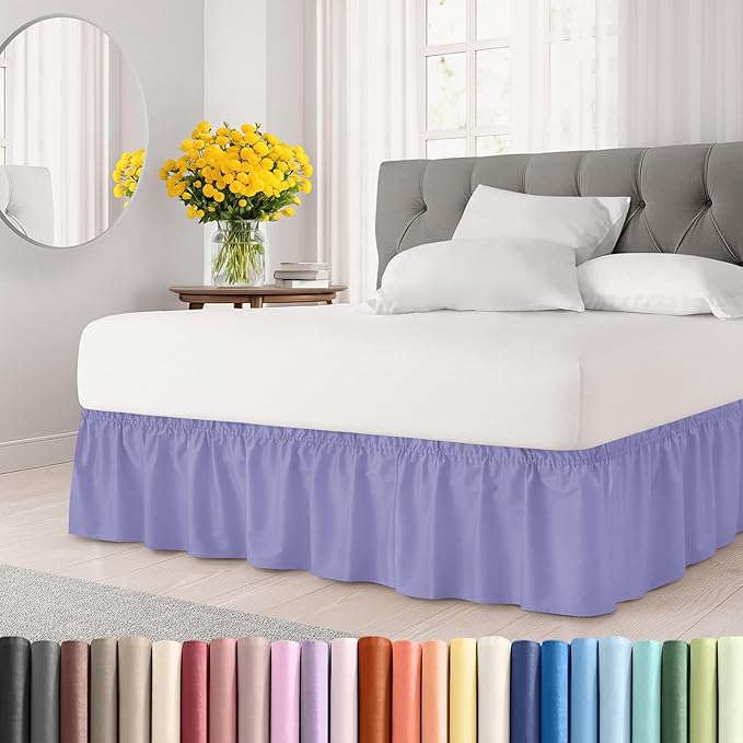 Wrap Around Dust Ruffle Bed Skirt - Lavender - for Queen Size Beds with 15 Inch Drop - Elastic Strap - Adjustable Pleated Bedskirt with Brushed Fabric and Wrinkle Free - for Women, Men, Kids & Teens