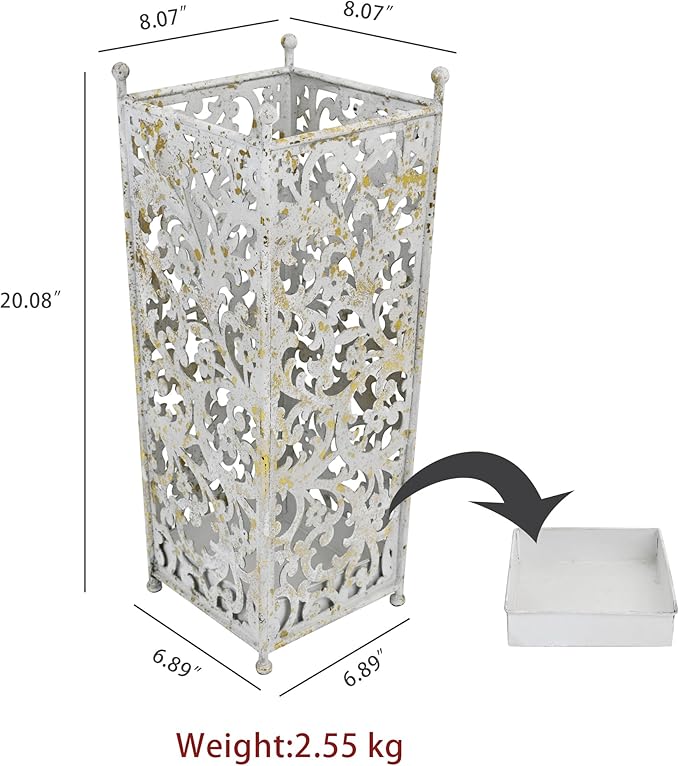 Vintage Metal Umbrella Holder Decorative Flower Design Square Umbrella Stands Entryway Organizer Bucket for Home/Office/Farmhouse - Holds Multiple Umbrellas, Walking Sticks & Canes (White)