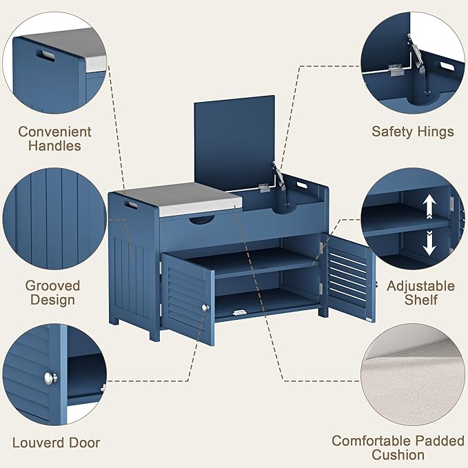ChooChoo Shoe Storage Bench with Lift Top Storage, Entryway Bench with 2 Cushioned Seats, 3 Compartments, Adjustable Shelf, Shoe Cabinet for Entryway, Bedroom, Living Room, Blue