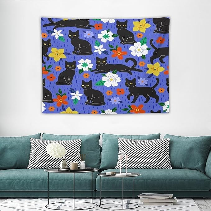 VUMIVI Black Cat Floral Tapestry Red White Hand-Painted Flowers Cute Animals Kids' Doodles Tapestry Wall Hanging for Living Room Bedroom Dorm Classroom Aesthetic Decor W40xL30in