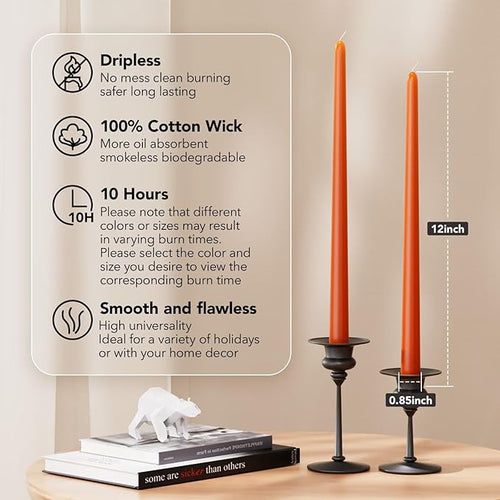 12-Inch Tall Dripless Taper Candles Set of 4 - Orange Tapered Candles, Perfect for Halloween,Fall - Smokeless, Unscented, Long Burning - Hand Poured, Colored Tall Candlesticks - Thanksgiving