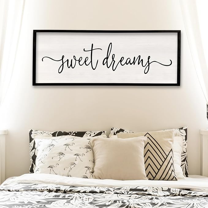 Surfapans Sweet Dreams Wall Decor Above Bed 40"x15" ofr Master Bedroom Guest Room Wood Framed Rustic Over Bed Wall Art Sign (Black)