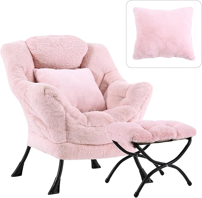 Lazy Chair with Ottoman, Large Pink Lounge Accent Chair with Ottoman and FA Throw Pillow, Comfy Plush Reading Chair for Living Room Bedroom Dorm Room Office Apartment Relaxing Use