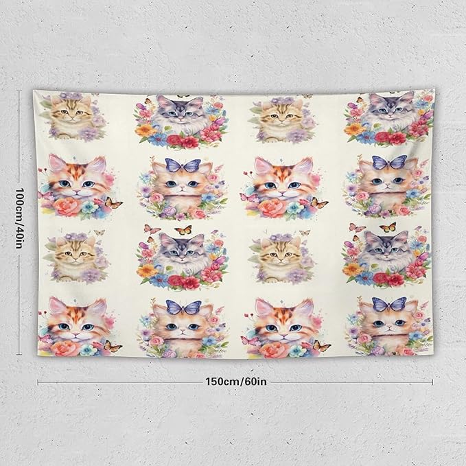 VUMIVI Watercolor Flower Cat Tapestry Colorful Cartoon Cute Animals Butterflies Abstract Art Print Tapestry Wall Hanging for Living Room Bedroom Dorm Classroom Aesthetic Decor W60xL40in