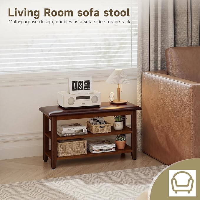 Shoe Bench with Leather Cushion,Wood Bench with Shoe Rack,2-Tier Shoe Storage Organizer for Entryway,Hallway,Living Room (Brown, 2-Tier-31.5")