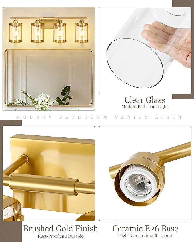 4-Light Brushed Gold Bathroom Light Fixtures, 29 Inch Modern Bathroom Vanity Lighting Fixtures Over Mirror with Clear Glass and Metal Cage Wall Sconce Lights for Bath, E26, OS-3014BG-4W