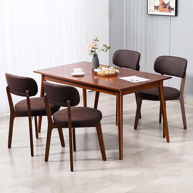 Yilaywain Mid-Century Modern Dining Chairs with Rubberwood Frame, Black Faux Leather Upholstered, 250 LBS Weight Capacity, Anti-Slip Protectors (Brown)