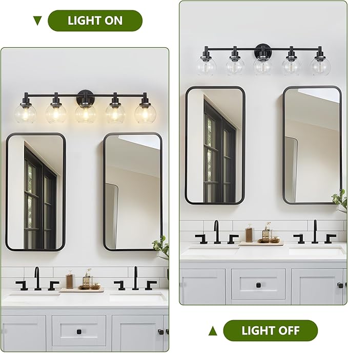 5-Light Bathroom Light Fixture Black Vanity Lights Over Mirror Modern Wall Sconce Farmhouse Vintage Bathroom Vanity Lighting with Glass Shade for Bedroom Hallway Cabinet Bathroom