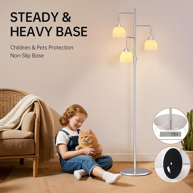 Dimmable Floor Lamp for Living Room, Bedroom, Nickel Standing Lamp with 3pcs 6W Bulbs, Vintage Floor Lamps for Corner, Nursery (White Tulip)