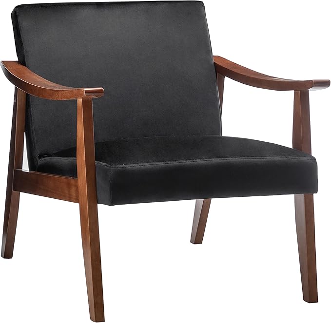 Accent Chair with Velvet Upholstery and Solid Wood Frame, Classic Mid-Century Modern Living Room Furniture for Extra Seating, Black