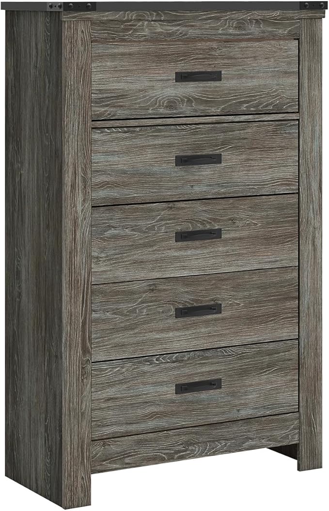 Signature Design by Ashley Frandern Vintage 5-Drawer Chest with Easy Glide and Safety Stop for Bedroom, Gray