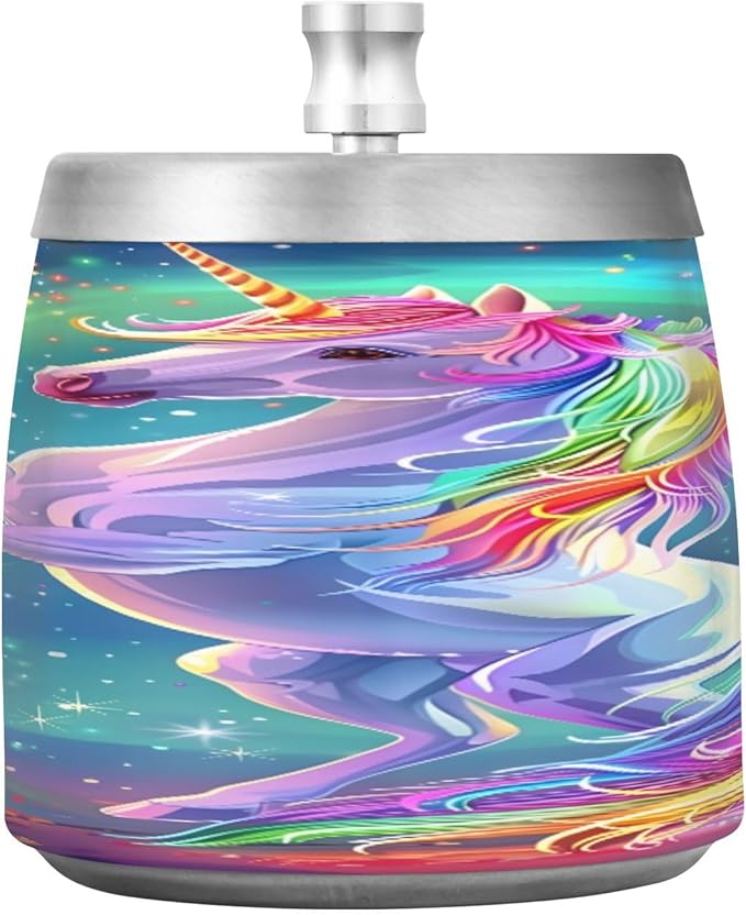 Rainbow Unicorn Ashtray with Lid, Outdoor Ashtrays for Patio, Stainless Steel Ashtray Odorless Smokeless for Home Office Balcony