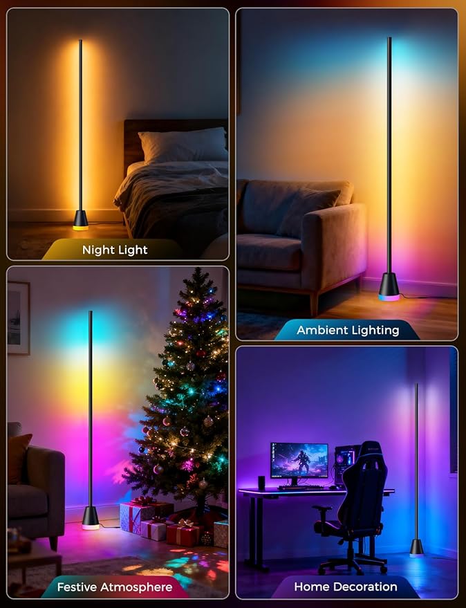RGB Floor Lamp, Smart LED Corner Lamp for Living Room Bedroom, 16 Million DIY Colors Standing Lamp with Music Sync App & Remote Control, Cool Modern Mood Light Ambient Lighting, Black