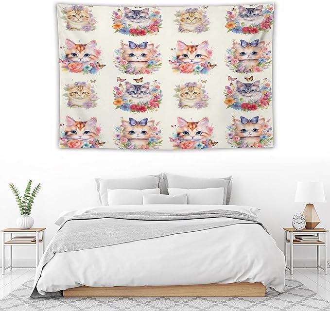 VUMIVI Watercolor Flower Cat Tapestry Colorful Cartoon Cute Animals Butterflies Abstract Art Print Tapestry Wall Hanging for Living Room Bedroom Dorm Classroom Aesthetic Decor W60xL40in