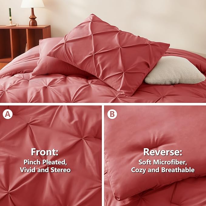 CozyLux Queen Comforter Set Coral, 7 Pieces Pintuck Bed in A Bag, Premium Coral Comforter Queen Size, Pinch Pleat Bedding Sets with Comforter, Flat Sheet, Fitted Sheet, Pillowcases & Shams