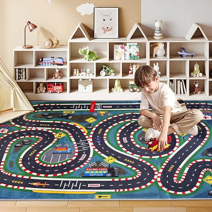 Kids Rug,Children's Room Rug,Road Race Play Rugs, Rail City Living Rugs, Washable Non-Slip Play Mats. (Blue, 47x71in)