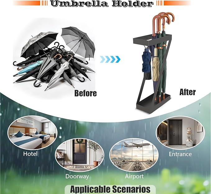 Umbrella Holder for Entryway Black Umbrella Stand indoor，Stores Umbrellas Canes Equipped with hooks for Storing Foldable for use in Homes, Offices, Hotel Lobbies