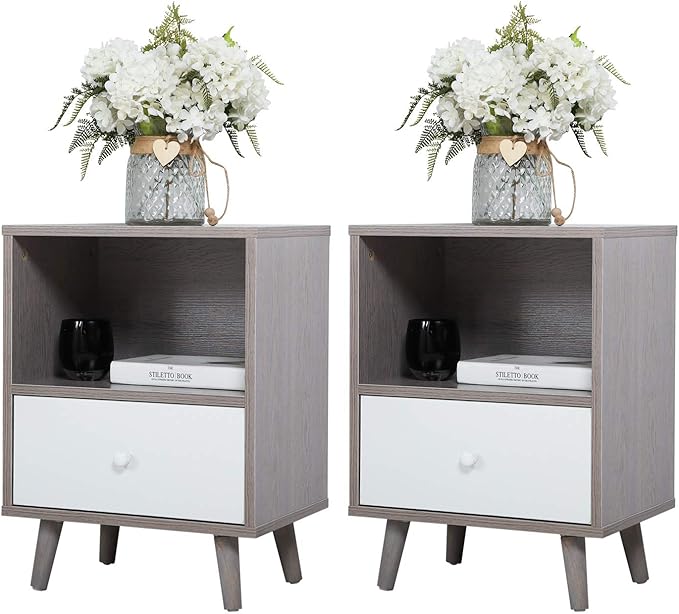 JAXPETY Nightstands Set of 2, Night Stand with Drawer and Open Storage Shelf, Bedside Tables with Solid Wood Legs, End Table, Side Table, for Bedroom(2-Pack, Grey)
