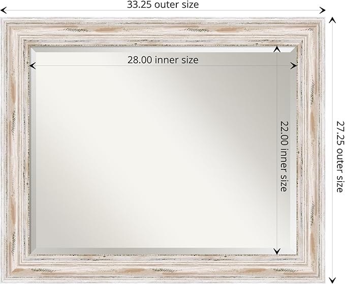 Amanti Art White Wall Mirror 27x33 Alexandria White Wash Rectangle Bathroom Mirror for Wall Decor Living Room, Large Cottage Wood Frame, Hangs Horizonally and Vertically, Bathroom Decor, Beveled Edge