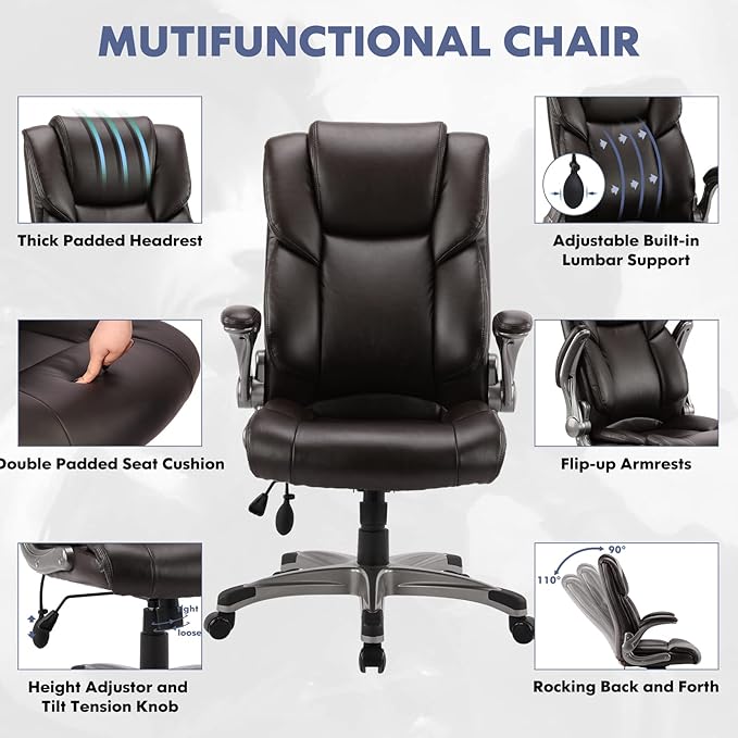 COLAMY High Back Executive Office Chair- Ergonomic Home Computer Desk Leather Chair with Padded Flip-up Arms, Adjustable Tilt Lock, Swivel Rolling Chair for Adult Working Study-Brown
