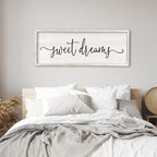 Surfapans Sweet Dreams Wall Decor Above Bed 40"x15" ofr Master Bedroom Guest Room Wood Rustic Framed Wall Art Sign (White)