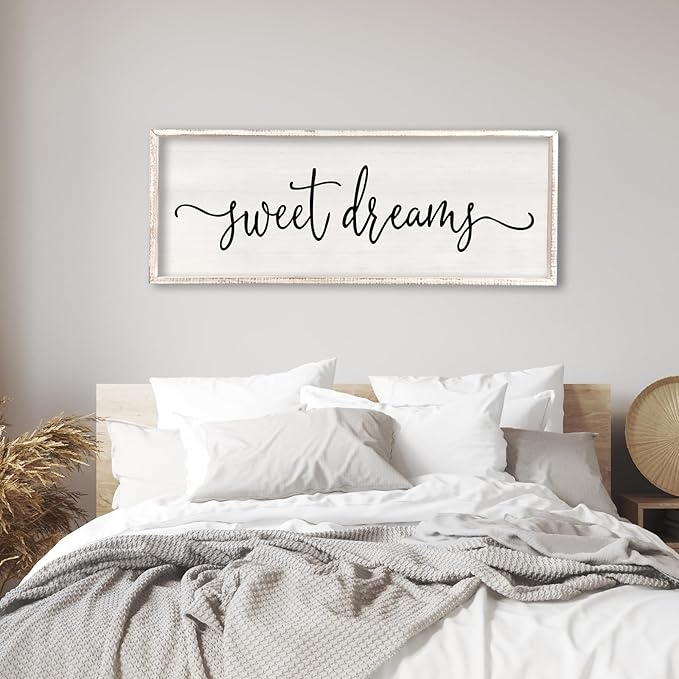 Surfapans Sweet Dreams Wall Decor Above Bed 32"x12" ofr Master Bedroom Guest Room Wood Rustic Framed Wall Art Sign (White)