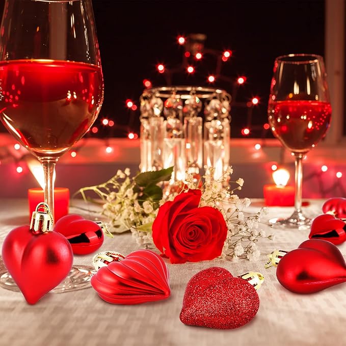 Elcoho 48 Pieces Valentine's Day Heart Shaped Baubles Hanging Heart Ornaments Valentines Tree Decorations for Valentines Day Ornaments Party Wedding Anniversary Decor, Red