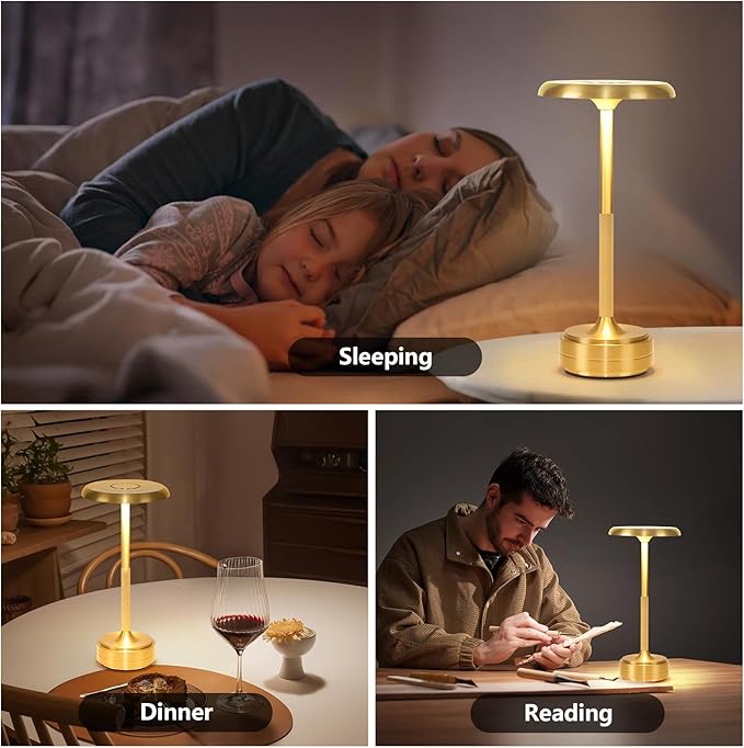 Portable Dimming Wireless Battery Operated Lamp, Rechargeable Cordless LED Table Lamps ，3-Levels Touch Sensor Light ，Nightstand Lamp/Bar/Restaurant Table/Outdoor/Coffee/Night Light (Gold)