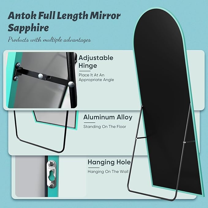 Antok Full Length Mirror, 58"x18" Floor Mirror, Arched Floor Standing Freestanding Arch Full Body Mirrors with Stand for Bedroom, Hanging Mounted for Living Room Cloakroom,Blue
