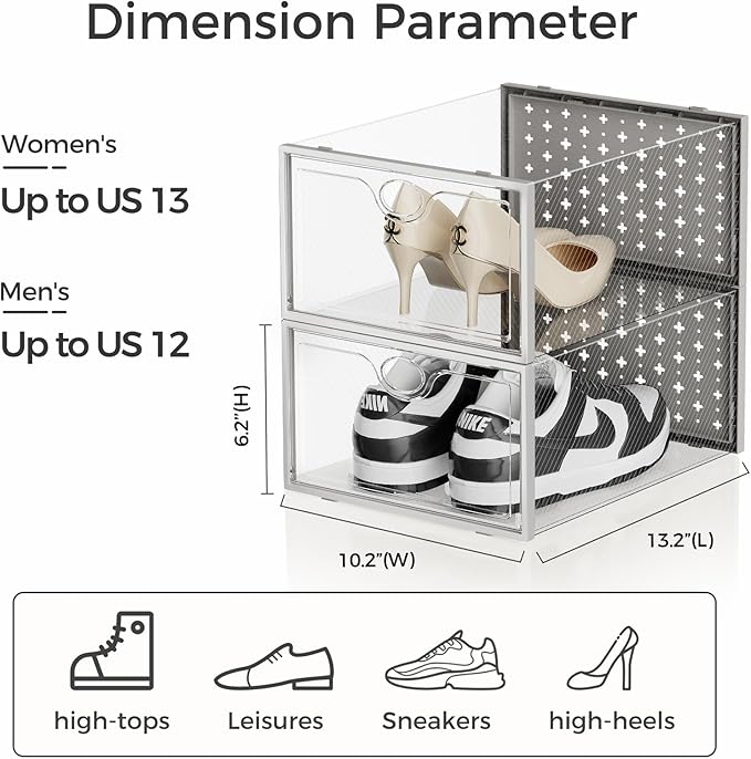 Pinkpum 15 Pack X-Large Shoe Storage Boxes Fit Size 11, Shoe Organizer for Closet Clear Plastic Stackable Shoe Dispaly Case Bins Holder, Sneaker Storage for Sneakerheads Grey