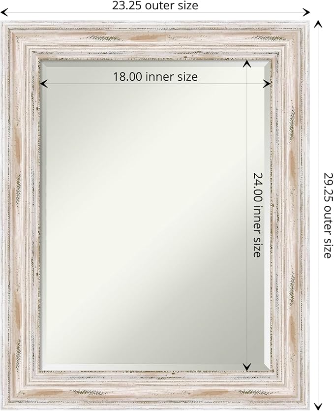 Amanti Art White Wall Mirror 29x23 Alexandria White Wash Rectangle Bathroom Mirror for Wall Decor Living Room, Medium Cottage Wood Frame, Hangs Horizonally and Vertically, Bathroom Decor, Beveled Edge