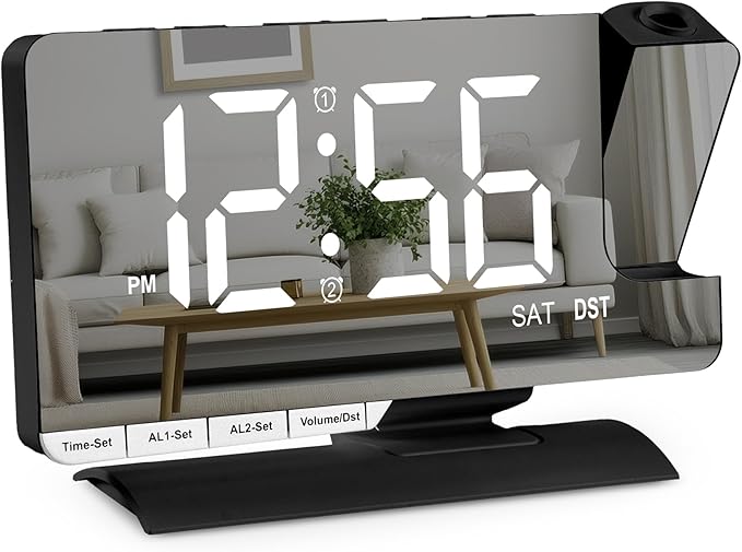 Amgico Projection Alarm Clock,Digital Clock with Projection,7.3" Mirror Clock with 180°Rotating Projector,Dual Alarm with 3 Mode,Bright Adjust,DST,Snooze,Charging Port,5 Levels Volume for Desk Teens