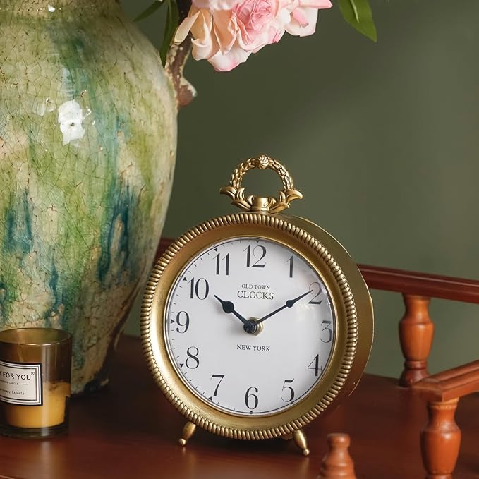 NIKKY HOME Table Clock, Vintage Desk Clock, Gold Table Clocks Non-Ticking Battery Operated Decorative Shelf Clock for Living Room Bedroom Gift Clocks